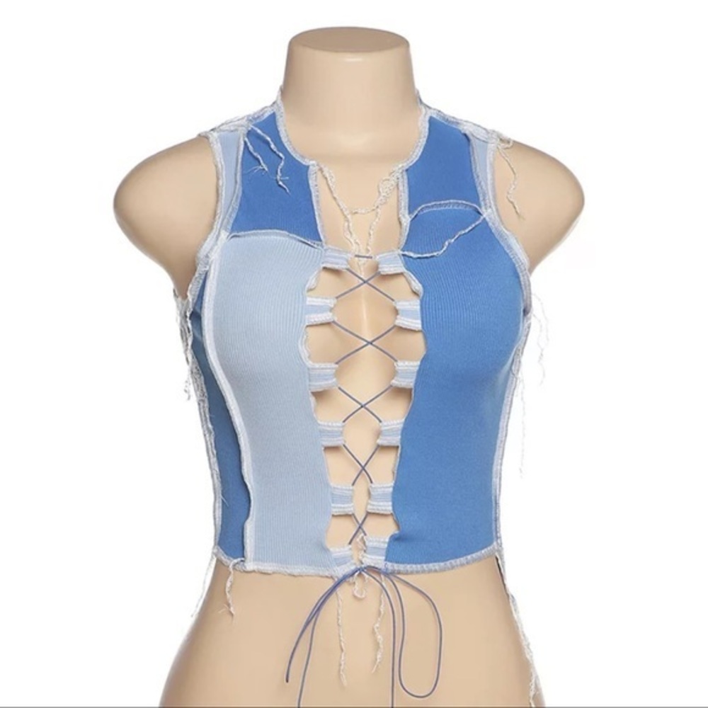 NWT Blue Iconic Sexy Ribbed Hollowed Out Tank Top Vest Tie Small Stretch
